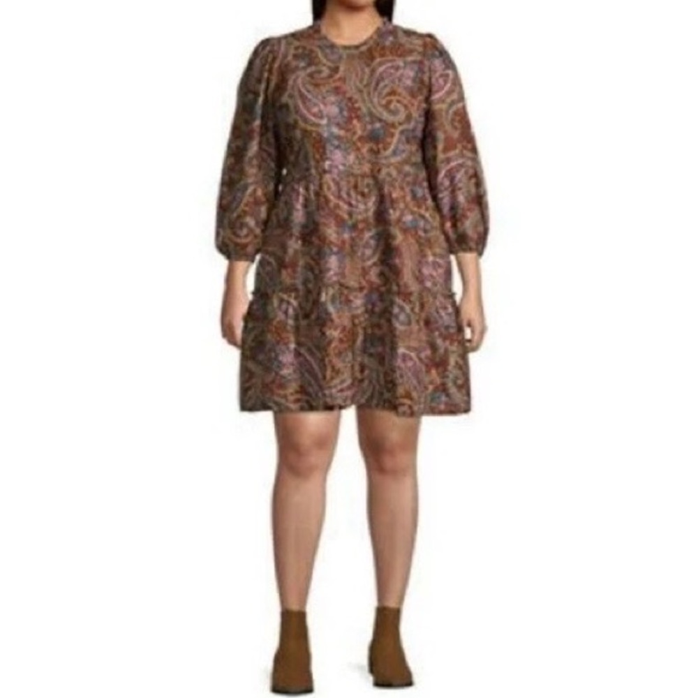 a.n.a | Paisley Pattern Long Sleeve Mock Ruffle Neck Tiered Mini Praire Dress